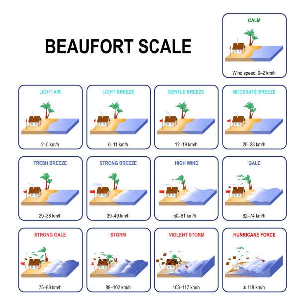 illustrazioni stock, clip art, cartoni animati e icone di tendenza di scala della forza del vento di beaufort - violent wind