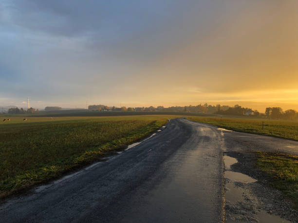 istock Country road at dawn after a rainfall 1064990914