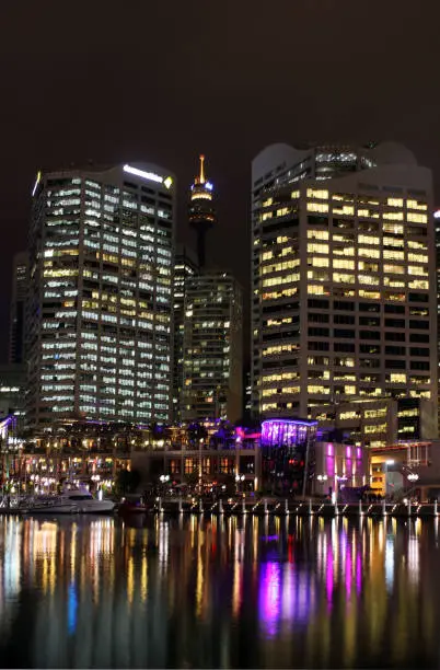 Photo of Sydney Darling Harbour by night. Buildings and bay view