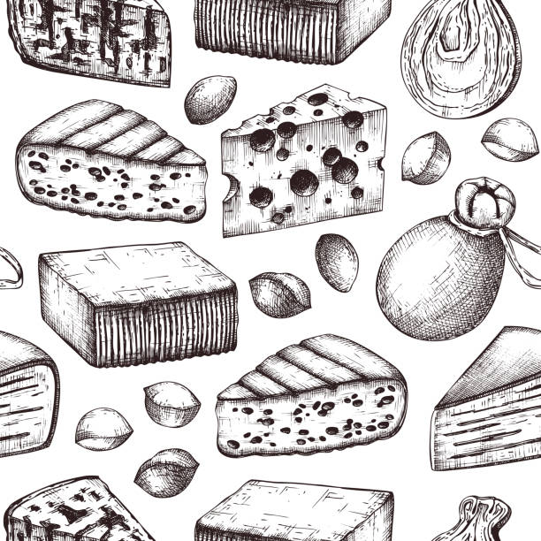 Vector seamless pattern with cheese Vector background with cheese sketches. Hand drawn food illustrations on white background. Vintage seamless pattern. Cafe, shop or restaurant design. cheese drawings stock illustrations