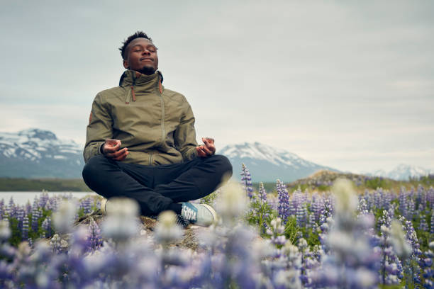 Meditating on a meadow full of blooming lupines