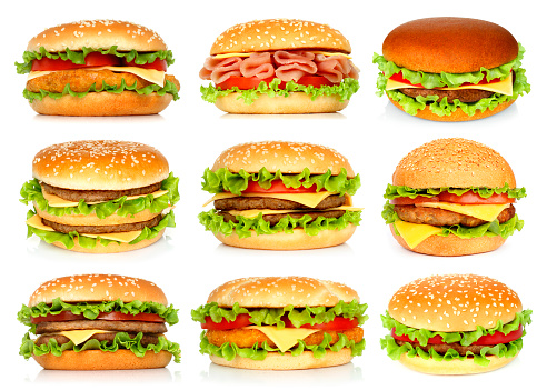 Big hamburgers set on white background close-up
