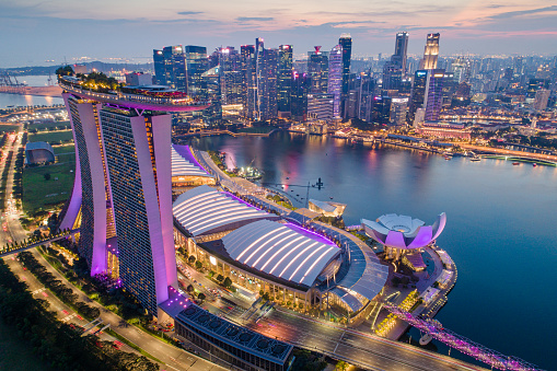 Singapore, Singapore - October 20 , 2018 Aerial view Panoramic of the Singapore Skyline and Marina Bay, the marina is the centre of the economy in singapore, there are here all the building of all the majors bank and insurance.