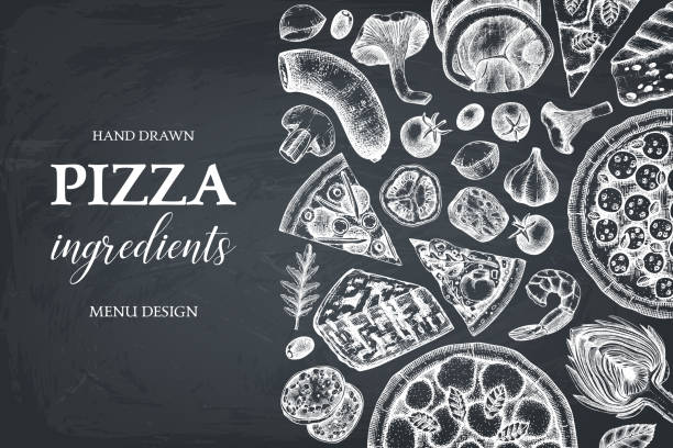 Pizza design template Horizontal menu or packaging for fast food restaurant. Hand drawn italian pizza ingradients sketches. Vector frame for pizzeria or cafe design. Top view illustration. Vintage template on chalkboard. gorgonzola stock illustrations