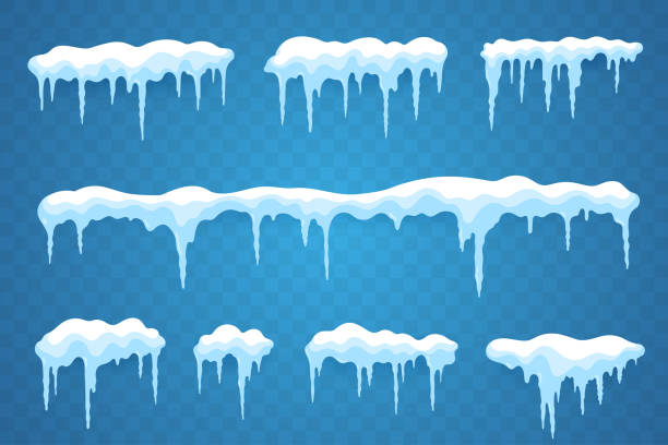 ilustraciones, imágenes clip art, dibujos animados e iconos de stock de conjunto de carámbanos de nieve aislado sobre fondo transparente. fronteras del ventisquero. elementos vector cubierto de nieve. cuelgan carámbanos de estilo plano. decoración de diseño de invierno. - man made ice