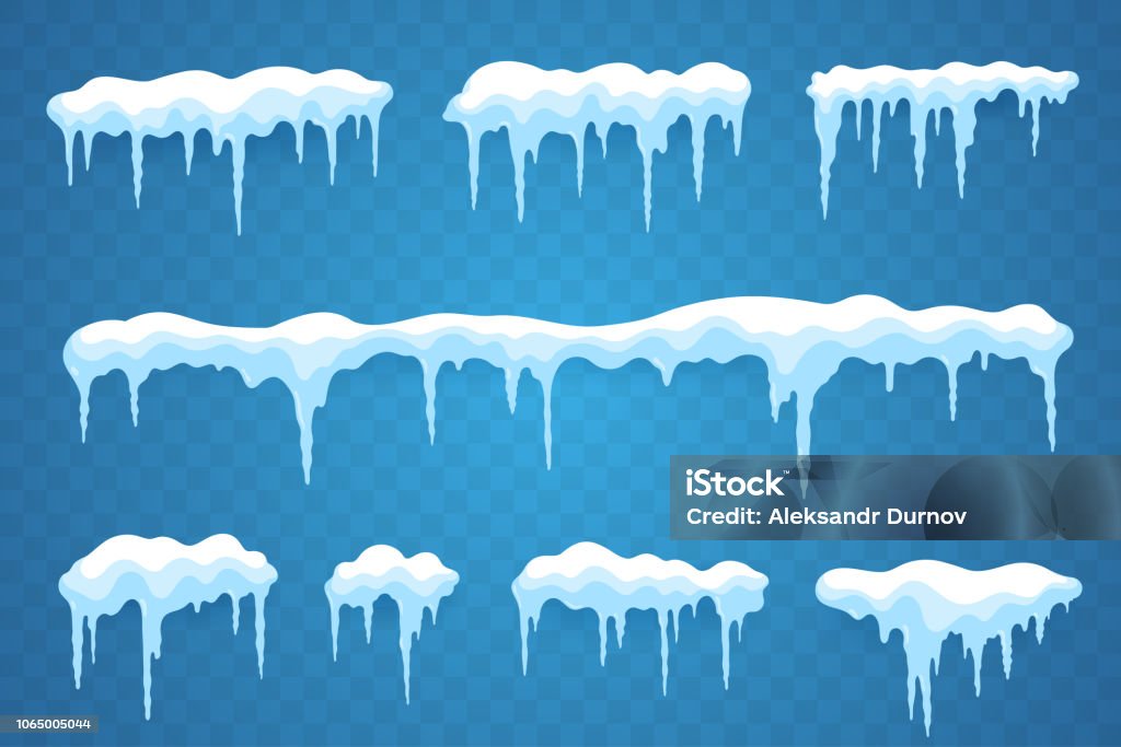 Snow icicles set isolated on transparent background. Snowcap borders. Vector snowy elements. Hanging icicles in flat style. Decoration for winter design. Icicle stock vector