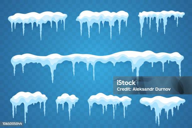 Snow Icicles Set Isolated On Transparent Background Snowcap Borders Vector Snowy Elements Hanging Icicles In Flat Style Decoration For Winter Design Stock Illustration - Download Image Now