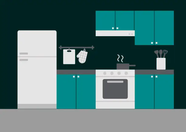 Vector illustration of Turquoise green theme indoor kitchen and cooking equipments