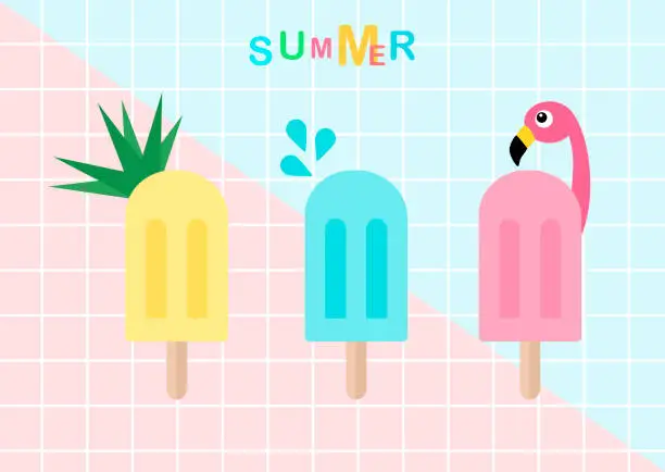 Vector illustration of Colorful tropical theme ice cream party on pattern background