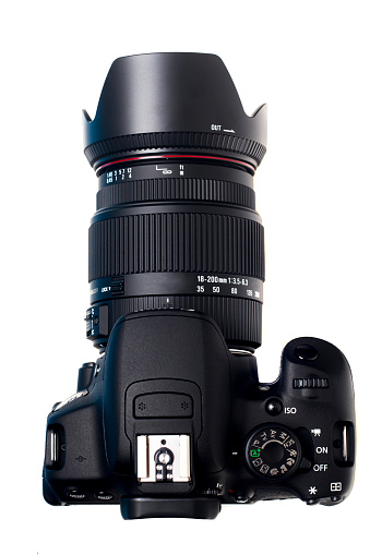 Close up view of a modern dslr photographic camera.