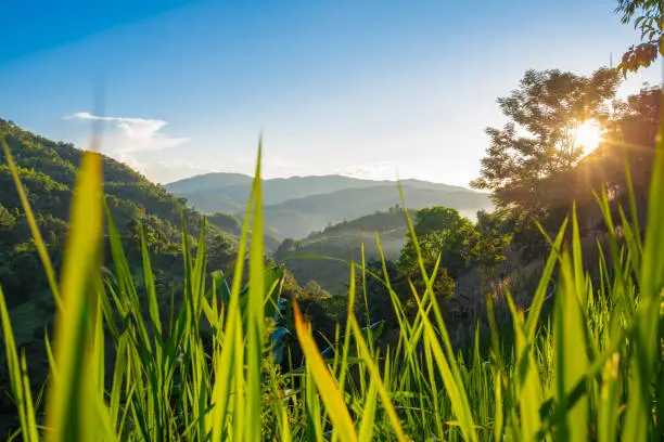 Beautiful sunset with blue sky and mountain natural background.