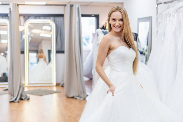 istock Joyful bride in bridal shop 1065029782
