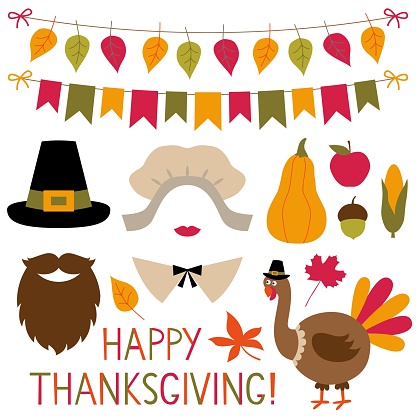 Thanksgiving vector photo booth props (pilgrim hat and bonnet) and decoration set