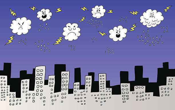 illustrazioni stock, clip art, cartoni animati e icone di tendenza di skyline della città con nuvole di pioggia, lampi in autunno, inverno fumetto - new york rain