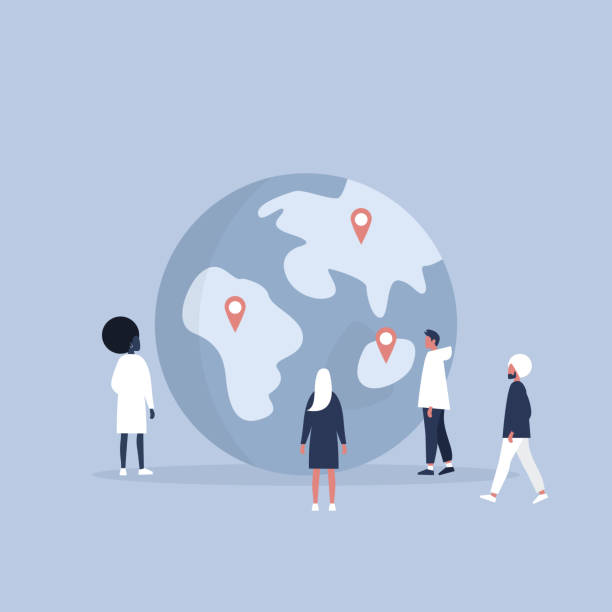 istock Global communications. International community. Diversity. Young people standing around the globe. Flat editable vector illustration, clip art 1065046658