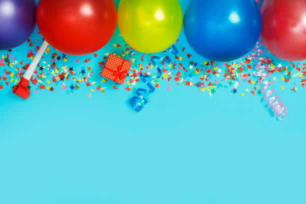 istock Flat Lay, Colorful, celebration, background. gift boxes, balloons, confetti, top view. Copy space. 1065047700