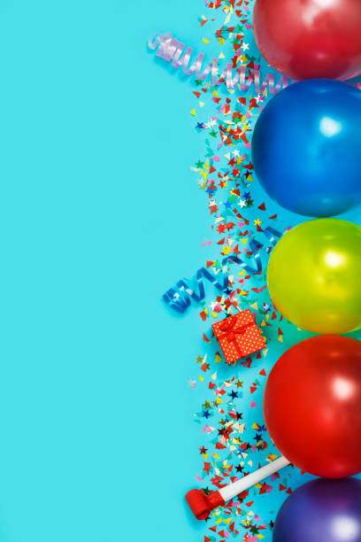 istock Flat Lay, Colorful, celebration, background. gift boxes, balloons, confetti, top view. Copy space. 1065047884
