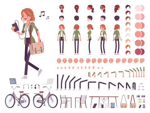 Young red-haired woman character creation set. Attractive girl with ginger hair. Full length, different views, emotions, gestures. Build your own design. Cartoon flat style infographic illustration