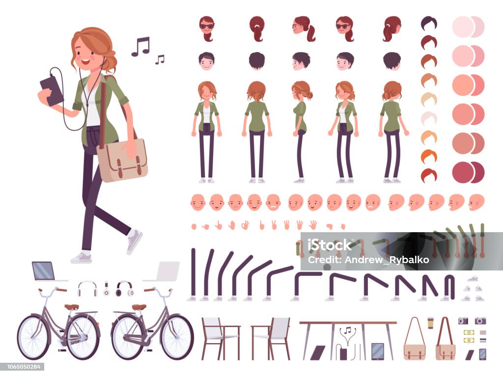 Young woman character creation set Young red-haired woman character creation set. Attractive girl with ginger hair. Full length, different views, emotions, gestures. Build your own design. Cartoon flat style infographic illustration Characters stock vector