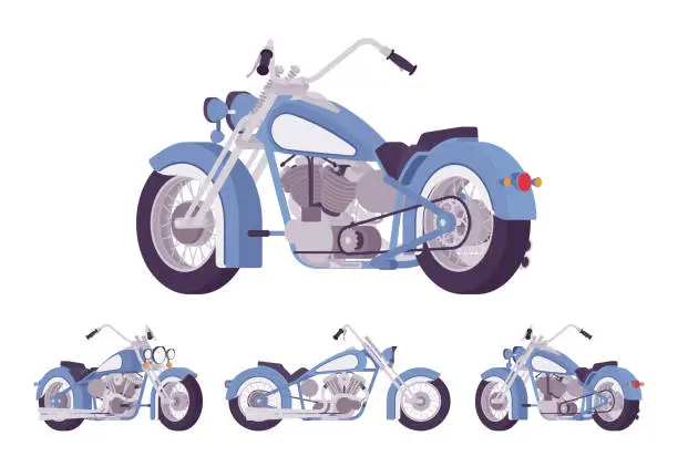 Vector illustration of Chopper custom motorcycle blue set