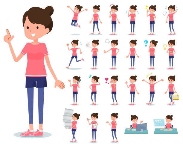 flat type Bun hair mom Sportswear_emotion A set of women in sportswear with who express various emotions.There are actions related to workplaces and personal computers.It's vector art so it's easy to edit. parent guide stock illustrations