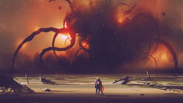 mysterious thing on the horizon astronaut with a tech device heading to the giant monster at the horizon, digital art style, illustration painting tentacle stock illustrations