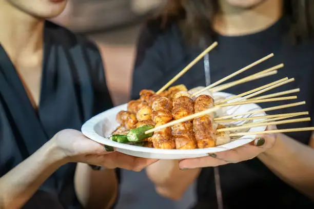 Photo of Spicy Mala (Chinese spices) Barbecue pork thai style, Foodtruck, Bangkok, Thailand.