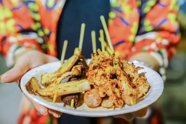 Photo of Spicy Mala (Chinese spices) Barbecue pork thai style, Foodtruck, Bangkok, Thailand.