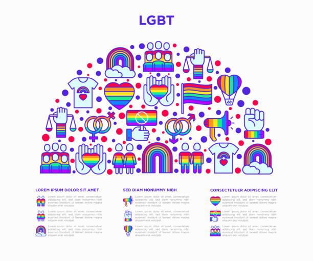 ilustrações de stock, clip art, desenhos animados e ícones de lgbt concept in half circle with thin line icons: gay, lesbian, rainbow, coming out, free love, flag, support, stop homophobia, lgbt rights, pride day. modern vector illustration, web page template. - bi sexual illustrations