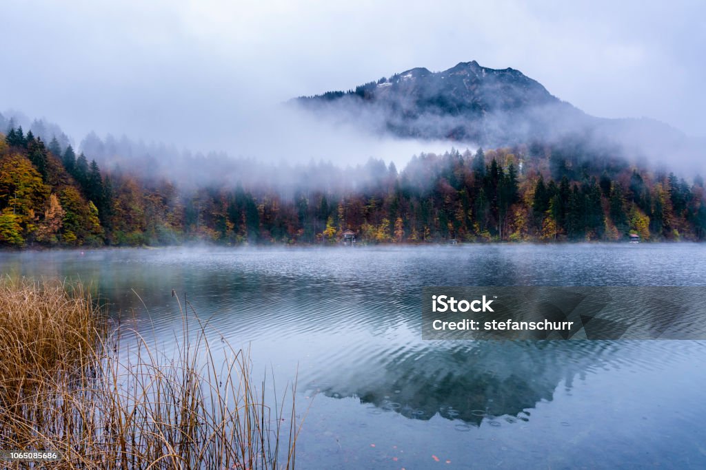 clouds at lake Freibergsee in the Allgäu Alps clouds at lake Freibergsee in the Allgäu Alps in autumn Fog Stock Photo