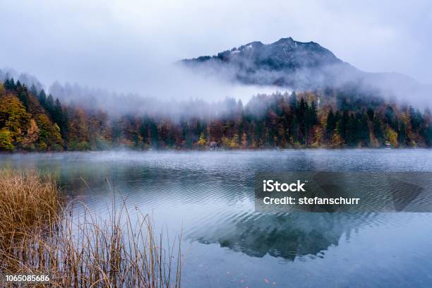 Clouds At Lake Freibergsee In The Allgäu Alps Stock Photo - Download Image Now - Fog, Lake, Autumn Leaf Color