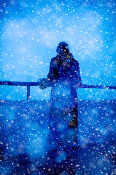 istock Young woman looking at view from balcony while snowing 1065085786