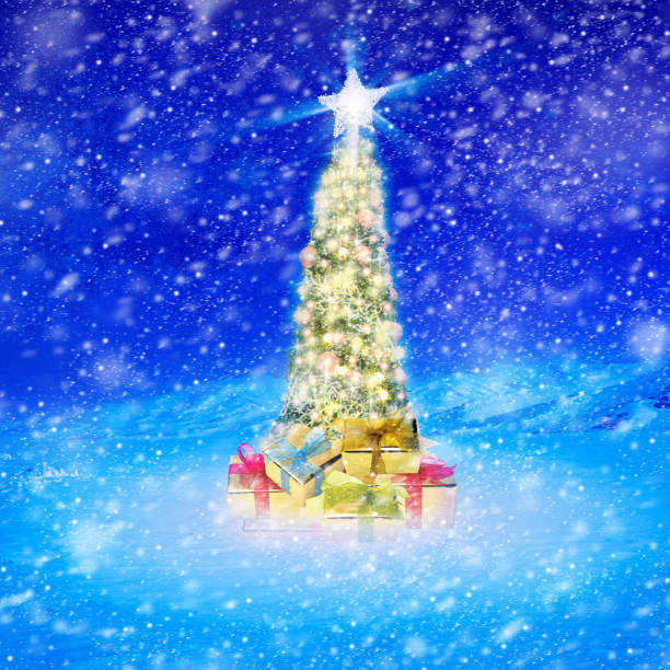 istock Conceptual Christmas tree with colorful lights on frozen landscape while snowing 1065093266