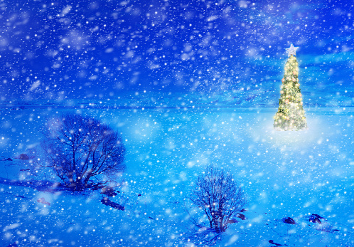 Conceptual image of decorated Christmas tree with colorful lights and ornaments  on snow covered landscape