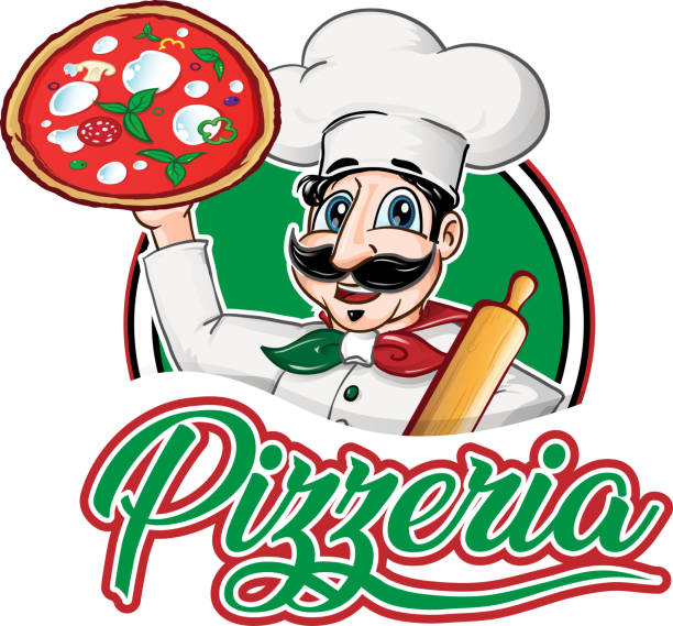 italian Chef emblem with pizza margherita italian Chef emblem with pizza margherita isolated on white background pics for pizza pizza logo stock illustrations