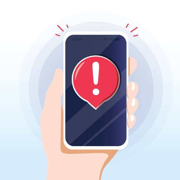 ilustrações, clipart, desenhos animados e ícones de notificação de alerta de mensagem de móveis. alertas de erro de perigo, o problema de vírus smartphone ou inseguro problemas de mensagens de spam - text messaging text message mobile phone alertness