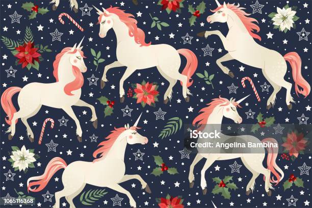 Ilustración de Unicornios Sobre Un Fondo Floral De Navidad De Patrones Sin Fisuras y más Vectores Libres de Derechos de Unicornio