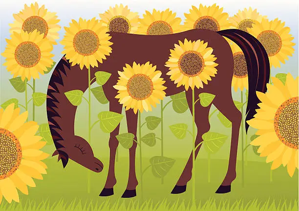 Vector illustration of Horse in sunflowers