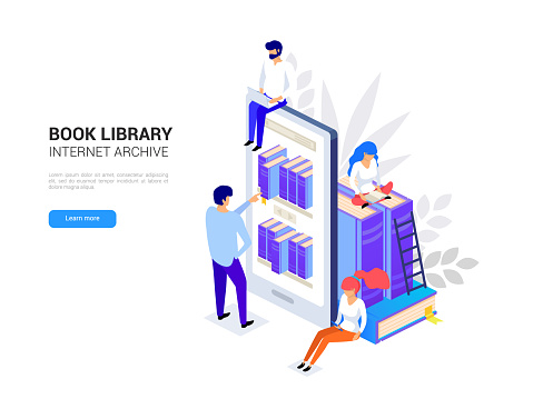 Online library concept. Smartphone with bookshelves. Reading e-books on a phone. Online education isometric. Web archive and e-learning tutorials for social media 3d vector illustration