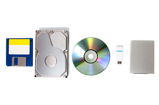 different types of storage media  isolated on a white background.
