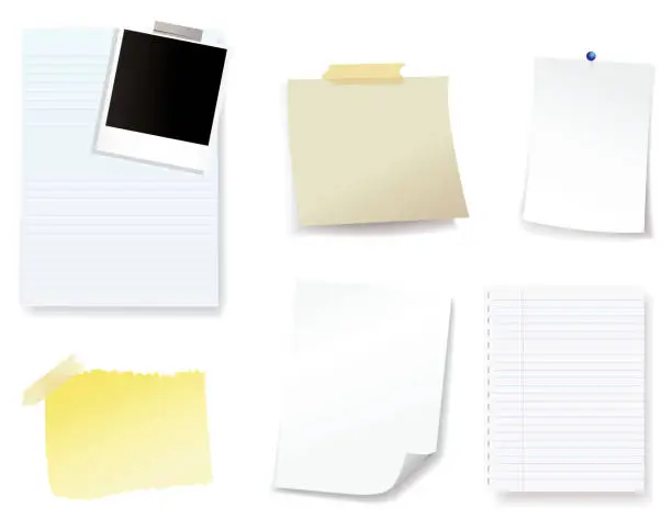 Vector illustration of Cartoon of six different blank pieces of paper for notes