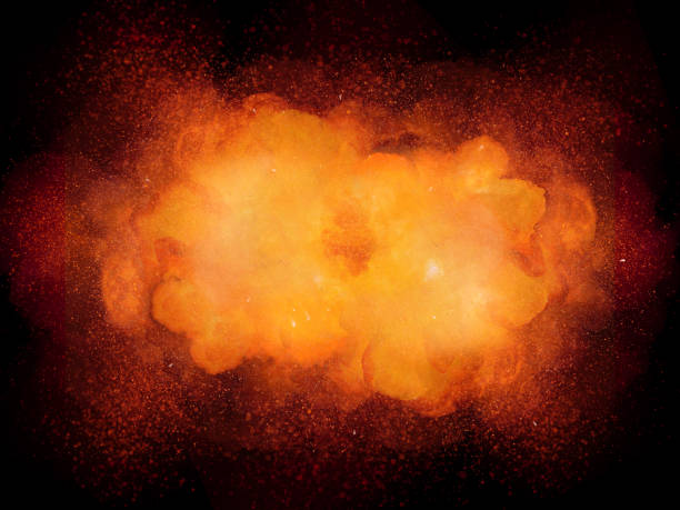 istock Realistic bomb explosion, red and orange color with sparks isolated on black background 1065133486