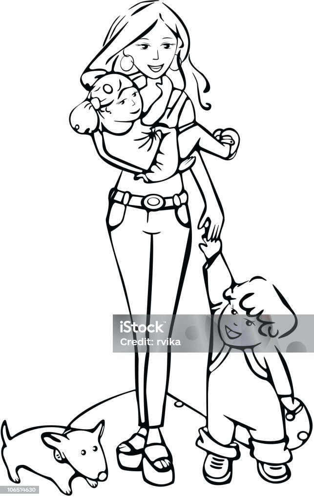 Happy family, mother walking with kidsand puppy.  Daughter stock vector
