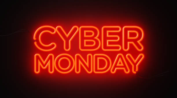 Cyber Monday red neon light on black wall. Horizontal composition with copy space. Cyber Monday concept.