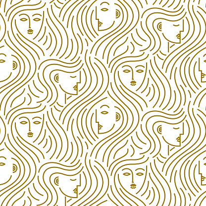 Seamless vector pattern of abstract gold female heads with curling hair