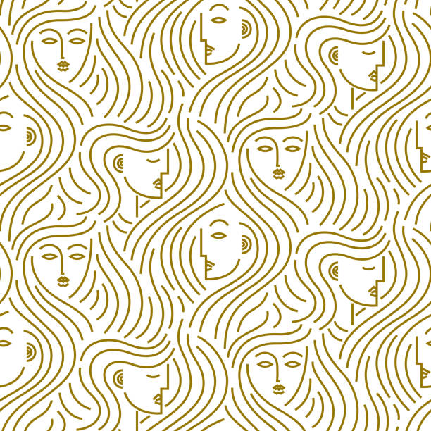 Abstract pattern of heads with hair Seamless vector pattern of abstract gold female heads with curling hair fashion and beauty background stock illustrations
