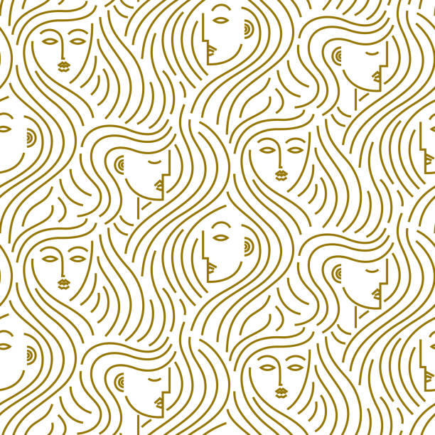 Abstract pattern of heads with hair Seamless vector pattern of abstract gold female heads with curling hair glamorous hair stock illustrations