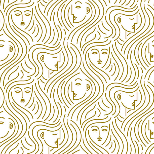 Abstract pattern of heads with hair Seamless vector pattern of abstract gold female heads with curling hair beauty designs stock illustrations