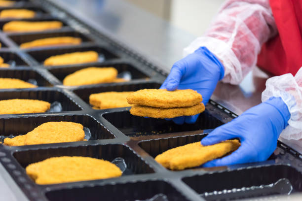 o trabalhador na fábrica coloca o schnitzel de frango - indústria de comidas e bebidas - fotografias e filmes do acervo