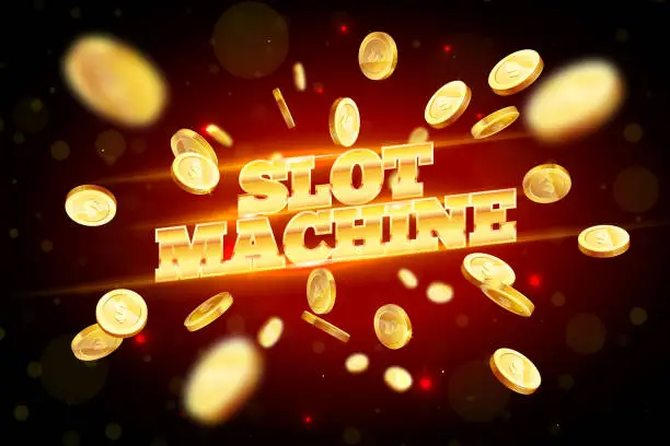 Vector illustration of The gold word Slot Machine, surrounded by attributes of gambling, on a explosion background. The new, best design of the luck banner, for gambling, casino, poker, slot, roulette or bone.